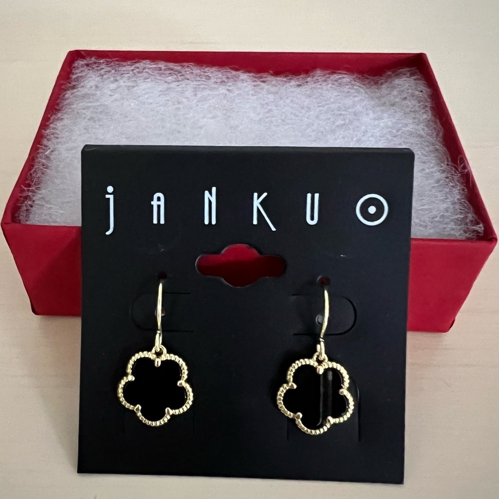 JanKuo 14k Gold-plated Black Onyx Flower Drop Earrings NWT - Picture 6 of 7